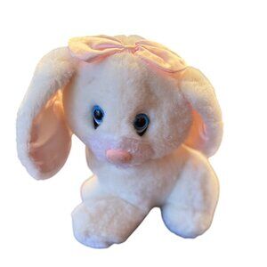 VTG Plush Dog Floppy Ears White 7” Pink Bow Stuffed Animal